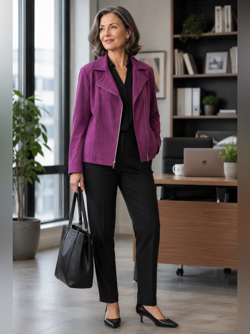 Chico’s Women’s Plum Faux Suede Moto Zip Career Jacket Size 3P (US Size 16-18 P)